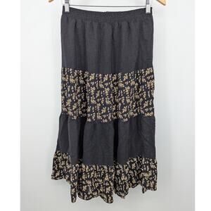 Vintage Black & Cream Polka Dot & Floral Skirt Size Medium (12 - 14) Made in USA